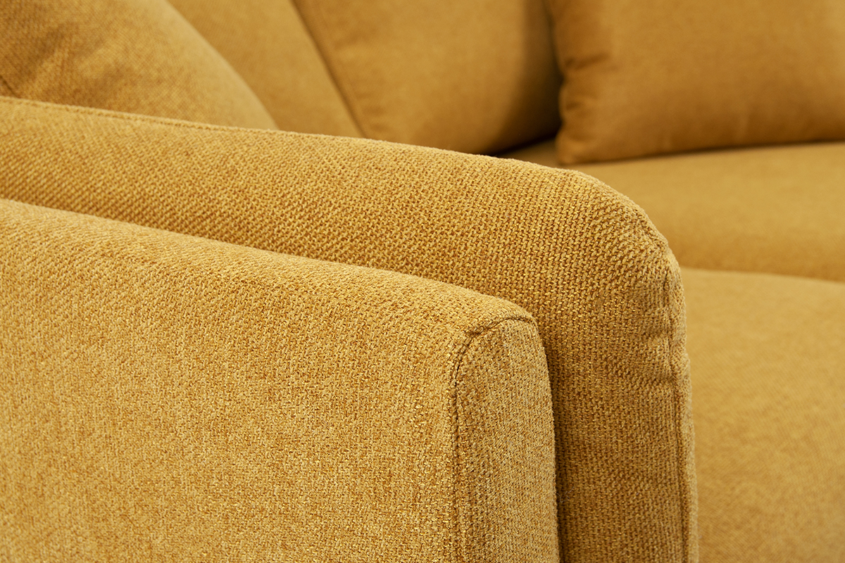 Divano scandinavo 3 posti in tessuto giallo cumino e legno chiaro VOGUE