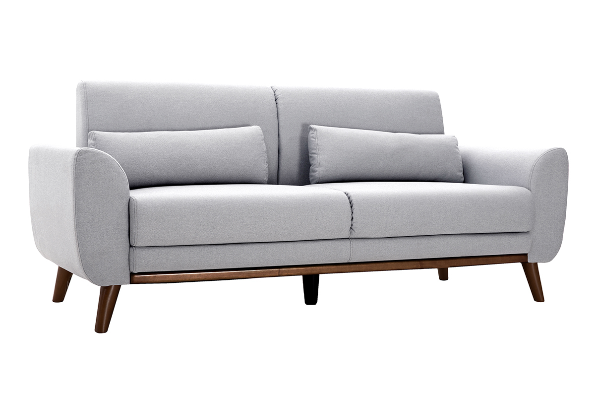 Divano scandinavo 3 posti in tessuto grigio chiaro e legno scuro EKTOR