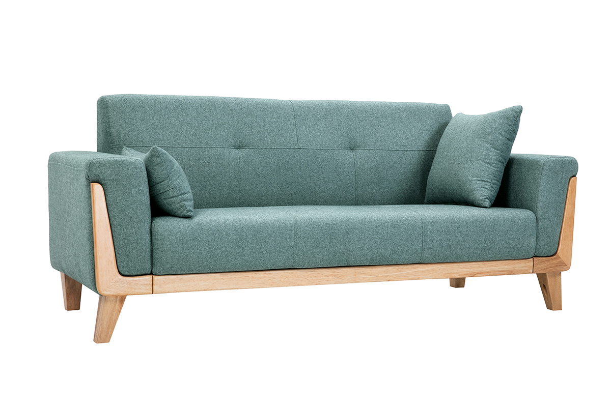 Divano scandinavo 3 posti in tessuto grigio verde e legno chiaro FJORD