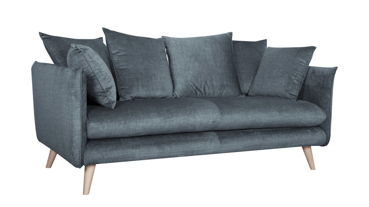 Divano scandinavo 3 posti in tessuto velluto grigio-blu e legno chiaro OLYMPIA