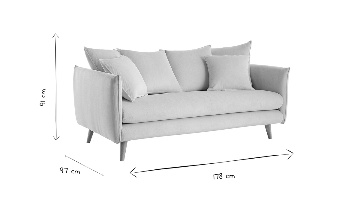 Divano scandinavo 3 posti in tessuto velluto grigio-blu e legno chiaro OLYMPIA