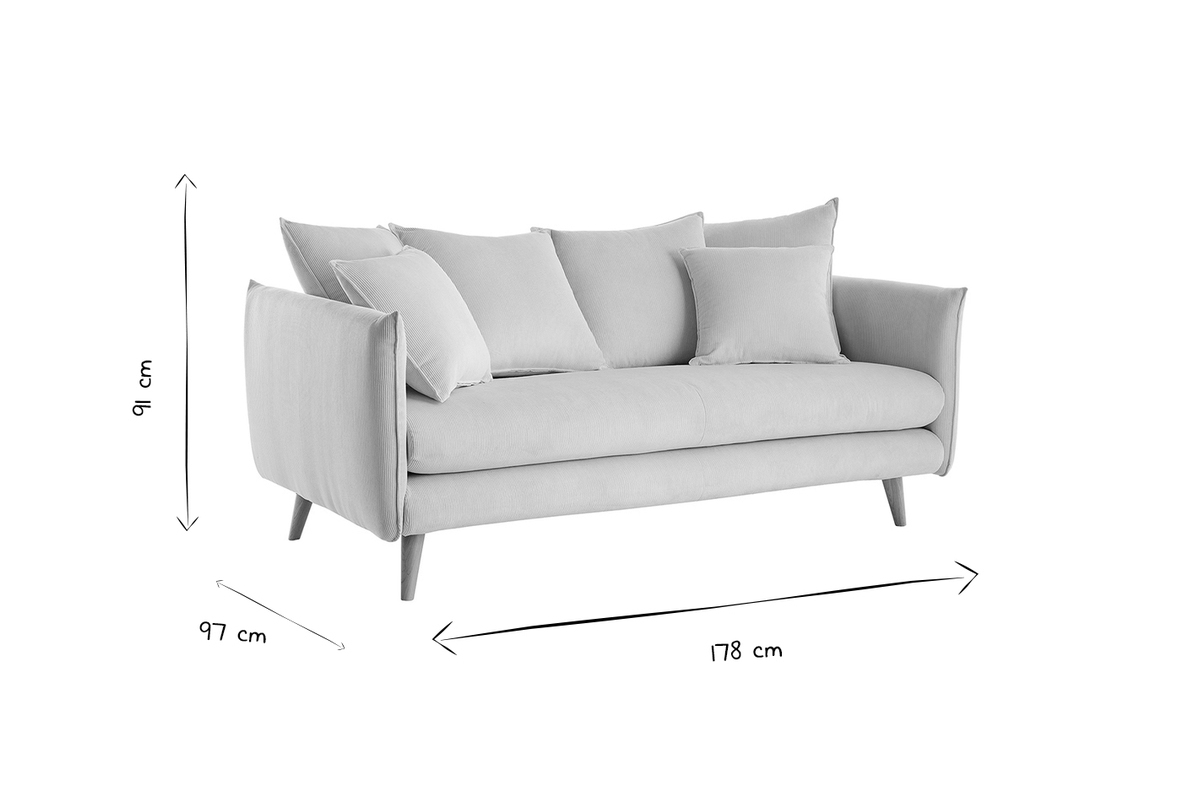 Divano scandinavo 3 posti in tessuto velluto grigio-blu e legno chiaro OLYMPIA