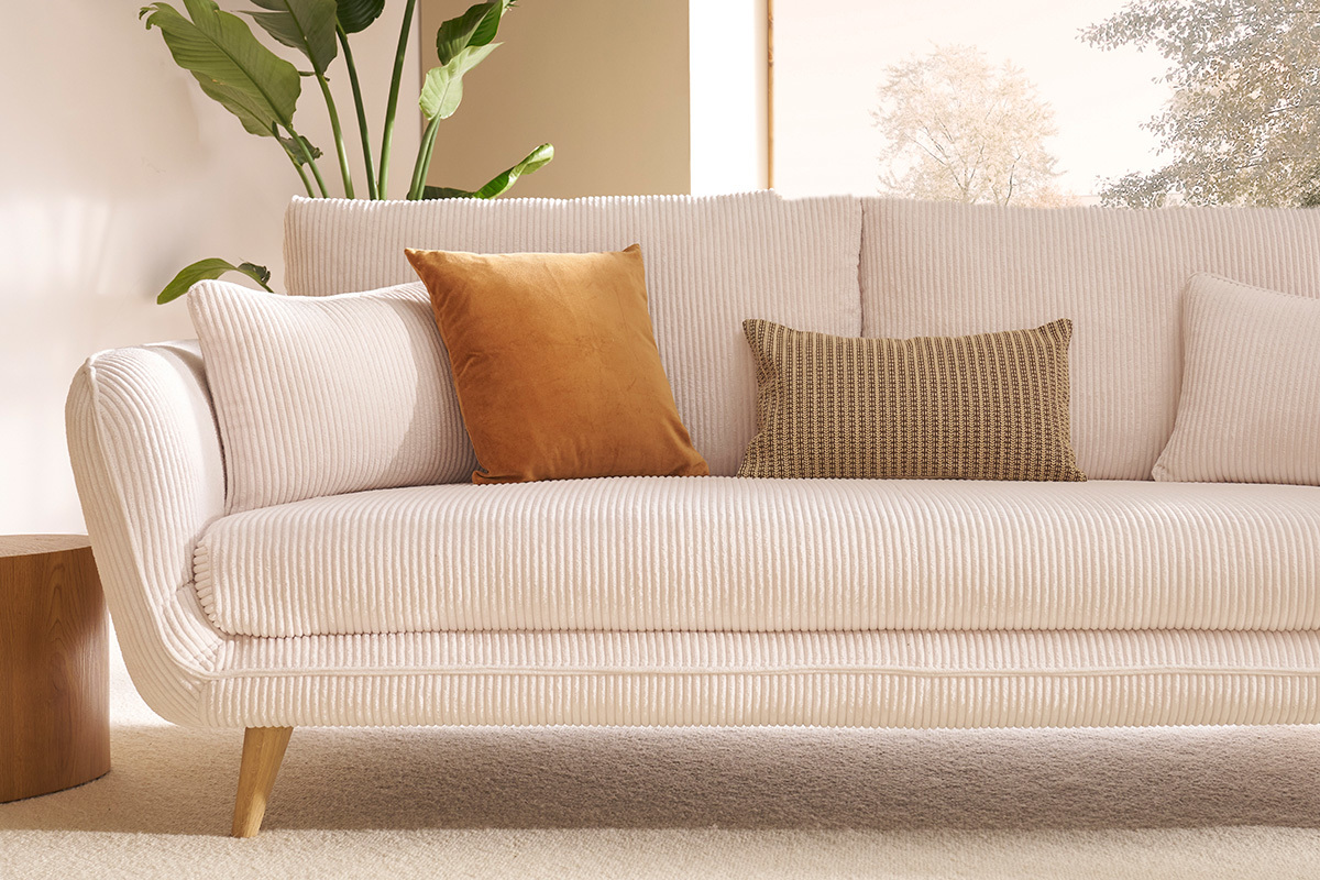 Divano scandinavo 3 posti in velluto a coste color crema e legno chiaro CREEP