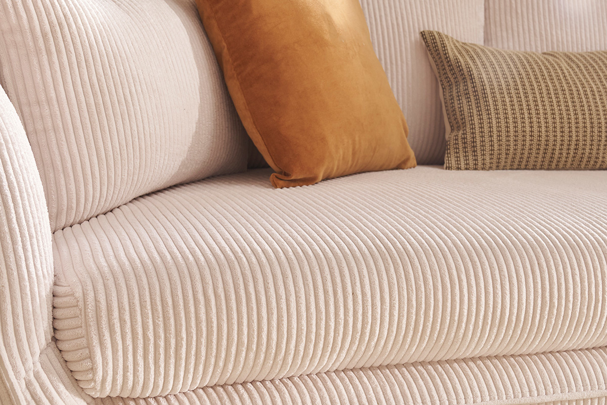 Divano scandinavo 3 posti in velluto a coste color crema e legno chiaro CREEP