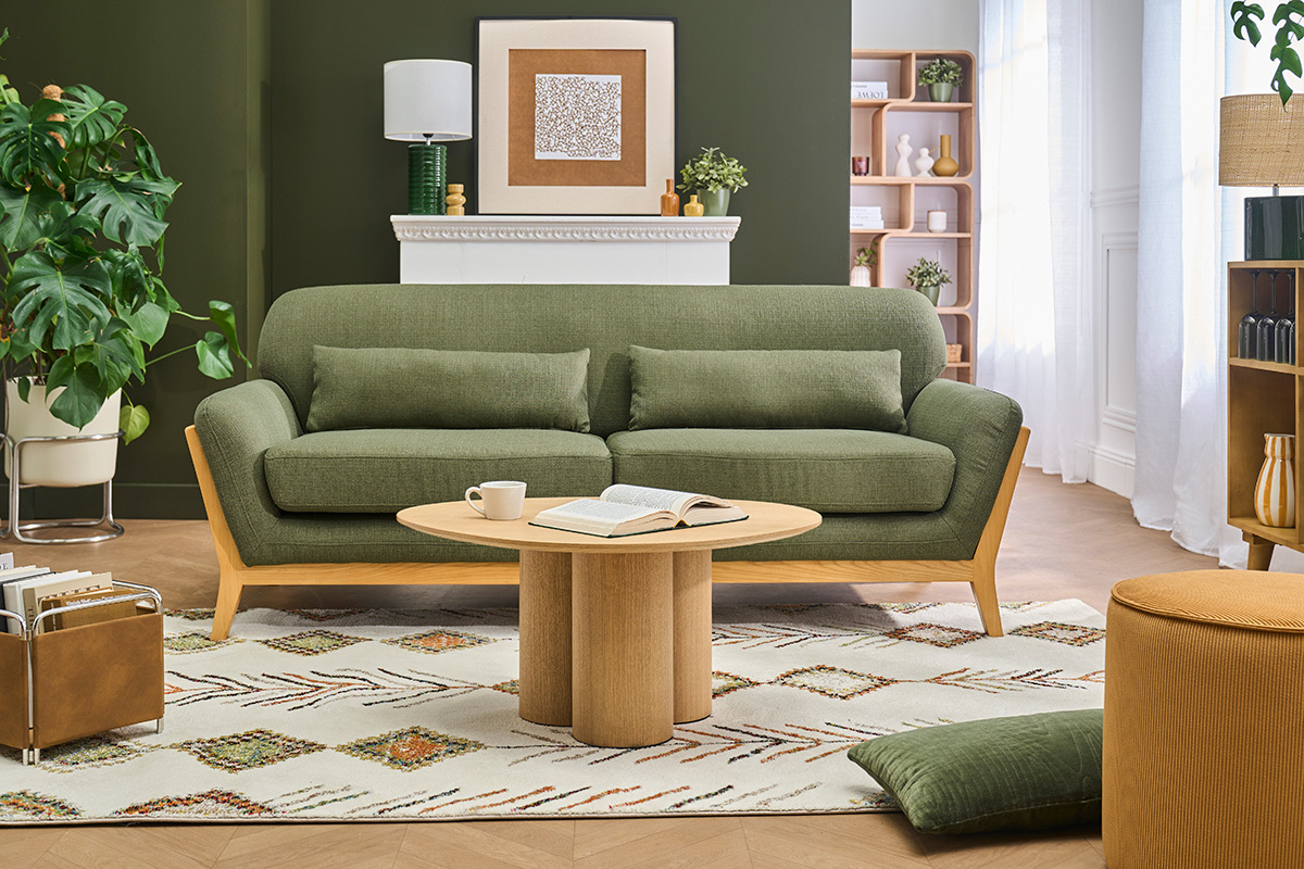 Divano scandinavo 3 posti kaki piedi legno YOKO