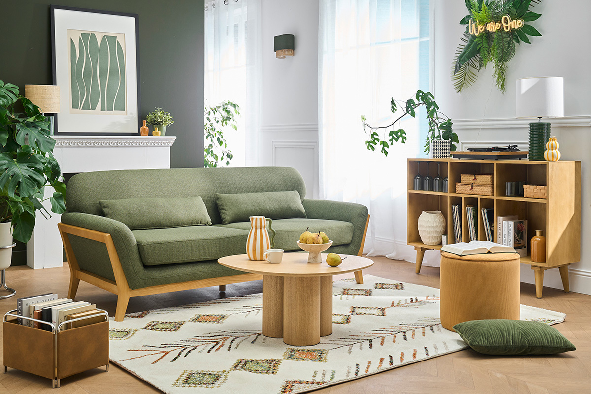 Divano scandinavo 3 posti kaki piedi legno YOKO