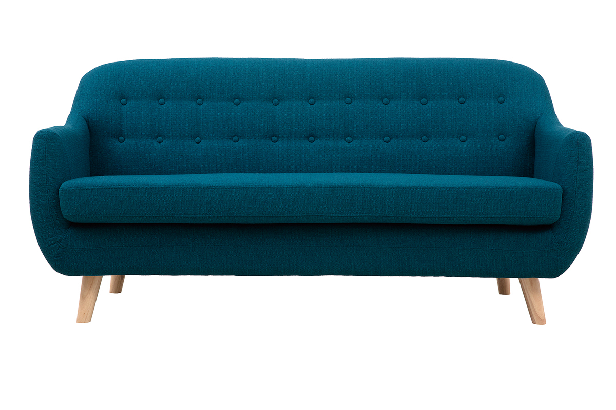 Divano scandinavo 3 posti sfoderabile blu anatra e legno YNOK