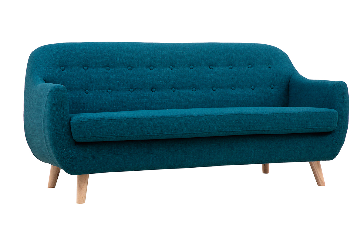 Divano scandinavo 3 posti sfoderabile blu anatra e legno YNOK