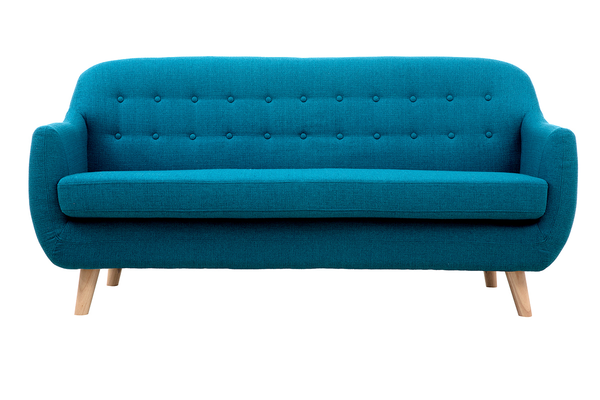 Divano scandinavo 3 posti sfoderabile blu anatra e legno YNOK