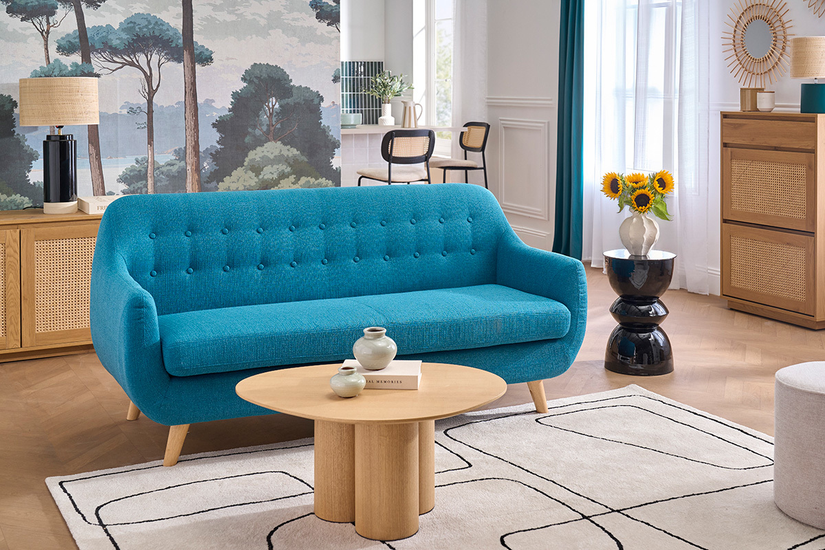 Divano scandinavo 3 posti sfoderabile blu anatra e legno YNOK