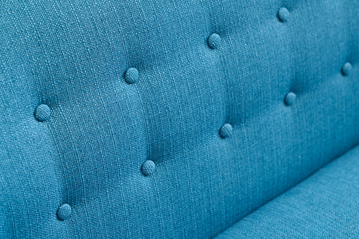Divano scandinavo 3 posti sfoderabile blu anatra e legno YNOK