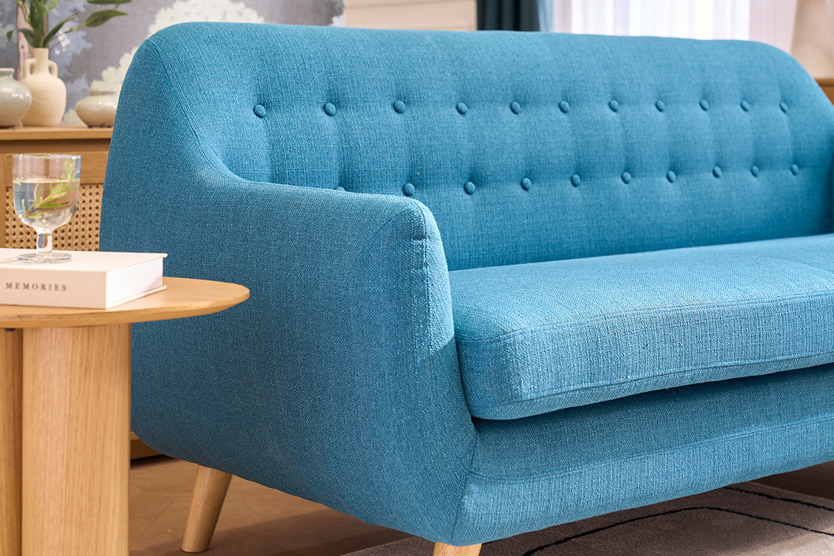 Divano scandinavo 3 posti sfoderabile blu anatra e legno YNOK
