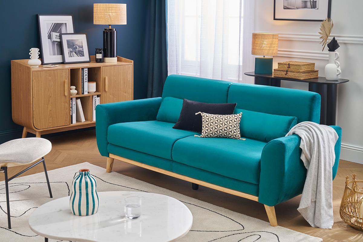 Divano scandinavo 3 posti velluto blu petrolio EKTOR