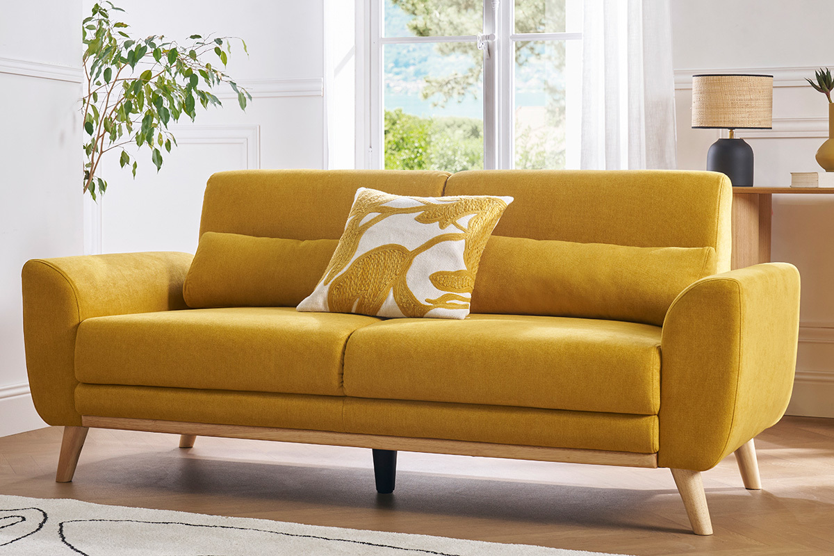 Divano scandinavo 3 posti velluto giallo senape EKTOR
