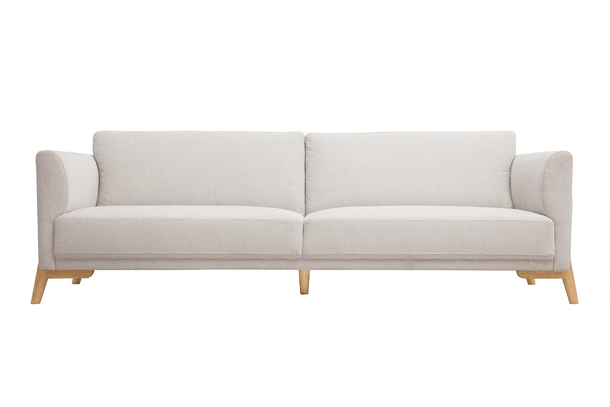 Divano scandinavo 4 posti in tessuto effetto velluto testurizzato beige e legno chiaro SINDRO