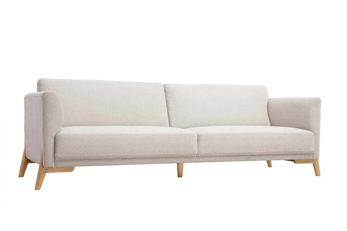 Divano scandinavo 4 posti in tessuto effetto velluto testurizzato beige e legno chiaro SINDRO