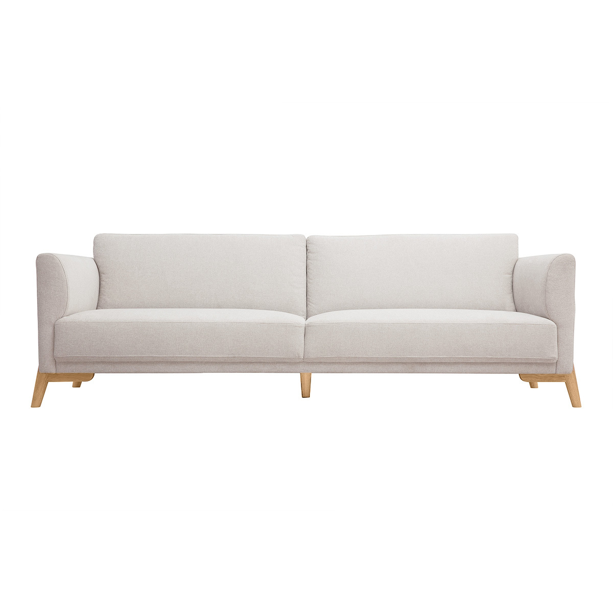 Divano scandinavo 4 posti in tessuto effetto velluto testurizzato beige e legno chiaro SINDRO