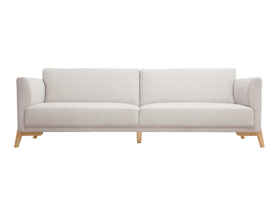 Divano scandinavo 4 posti in tessuto effetto velluto testurizzato beige e legno chiaro SINDRO