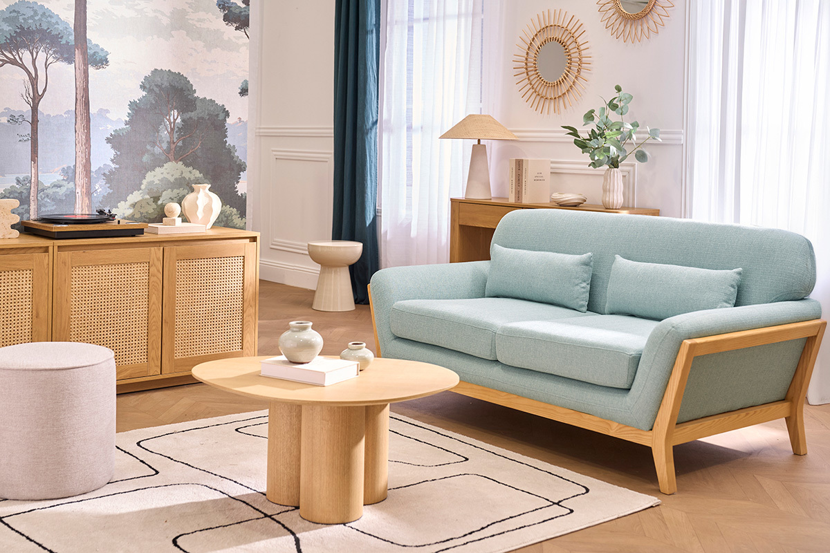 Divano scandinavo a 2 posti Blu laguna piedi in legno YOKO