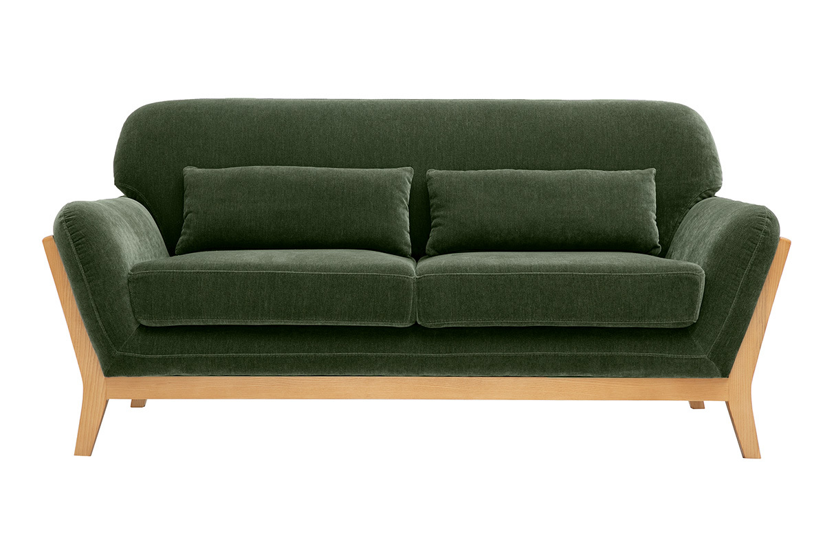 Divano scandinavo a 2 posti in tessuto effetto velluto verde kaki con legno chiaro, vista frontale.