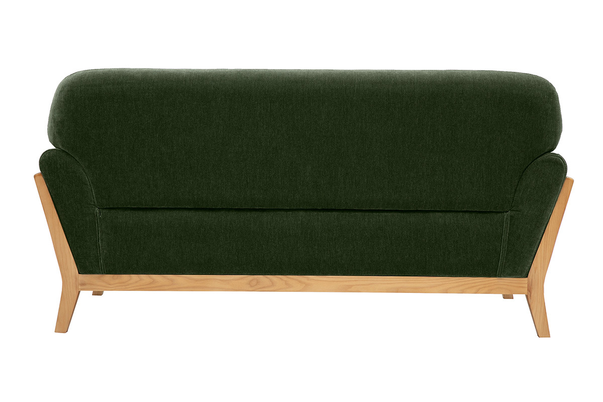 Divano scandinavo a 2 posti in tessuto verde kaki, vista posteriore, con struttura in legno chiaro.