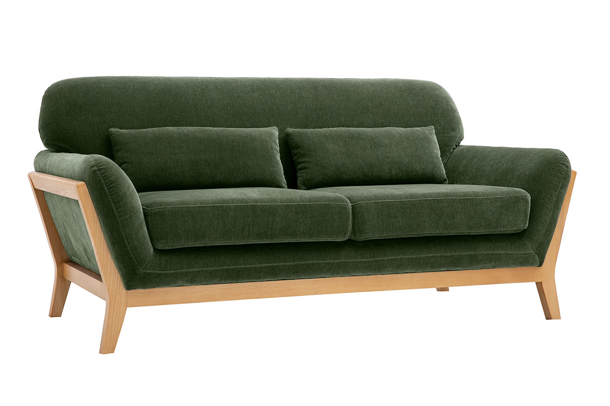 Divano scandinavo a 2 posti in tessuto effetto velluto verde kaki e legno chiaro, vista a 3/4.
