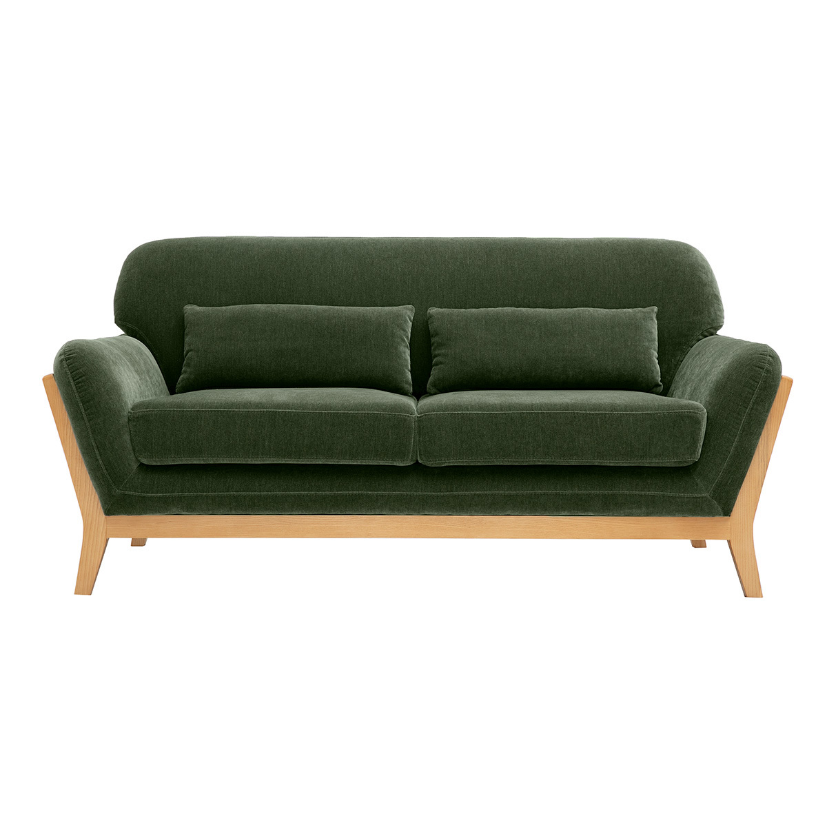 Divano scandinavo a 2 posti in tessuto effetto velluto verde kaki e legno chiaro YOKO