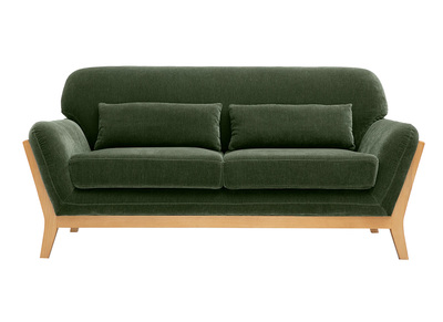 Divano scandinavo a 2 posti in tessuto effetto velluto verde kaki e legno chiaro YOKO