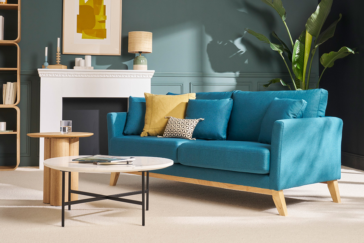 Divano scandinavo a 3 posti Blu Miliboo con piedi in legno OSLO