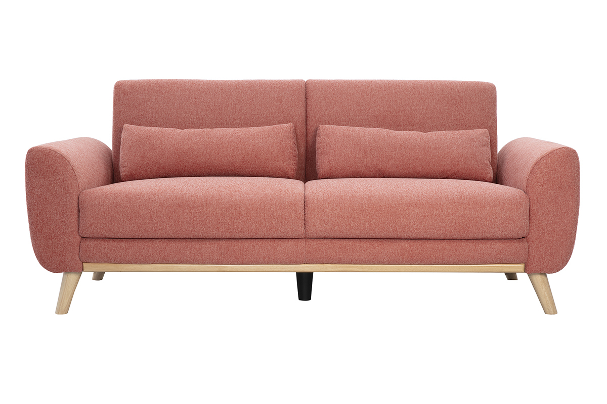 Divano scandinavo a 3 posti in tessuto effetto velluto terracotta e legno chiaro EKTOR