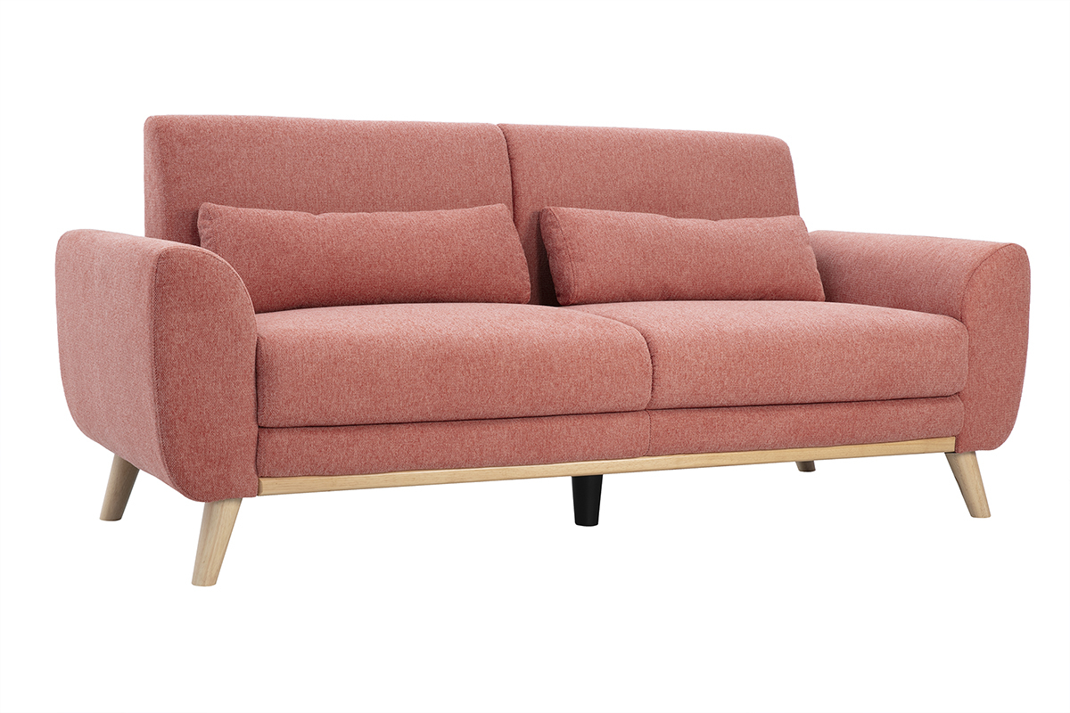 Divano scandinavo a 3 posti in tessuto effetto velluto terracotta e legno chiaro EKTOR