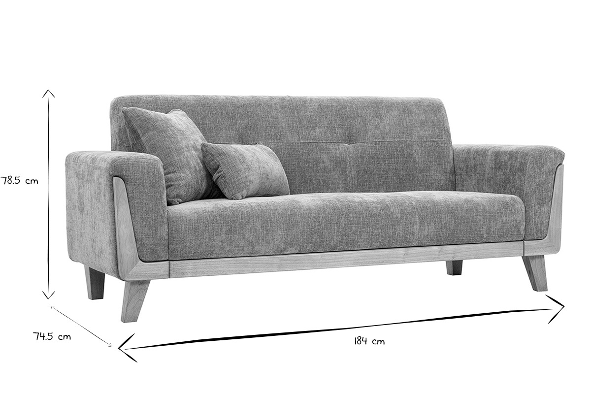 Dimensioni del divano scandinavo a 3 posti FJORD in nero e bianco, L184 x P74.5 x H78.5 cm.