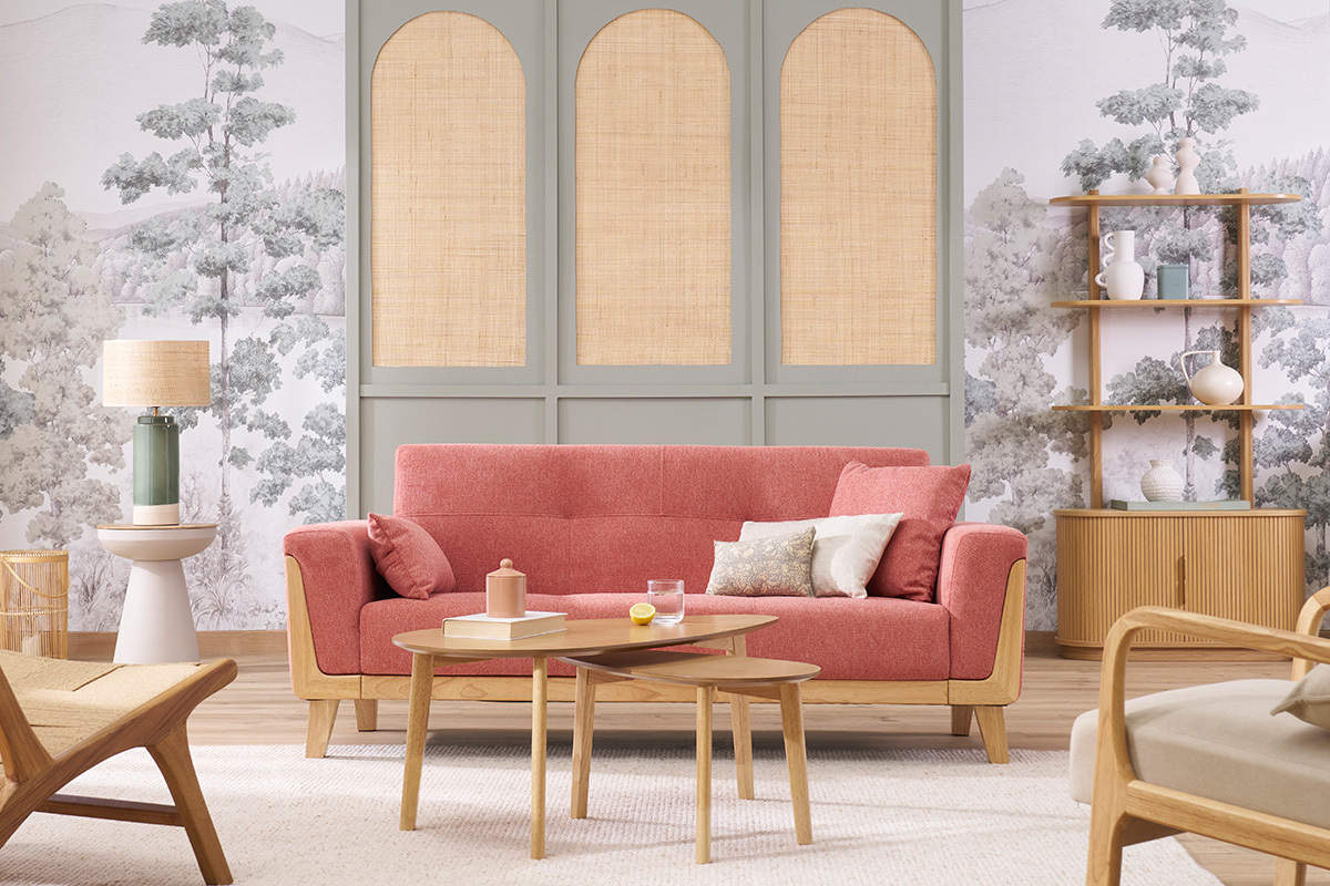 Divano scandinavo a 3 posti in tessuto effetto velluto testurizzato taupe e legno chiaro FJORD