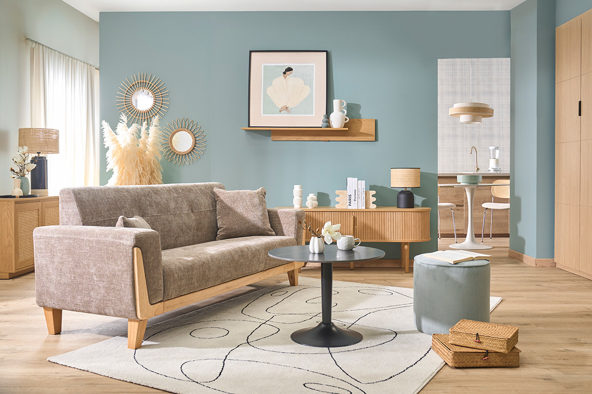 Divano scandinavo a 3 posti in tessuto effetto velluto testurizzato taupe e legno chiaro FJORD