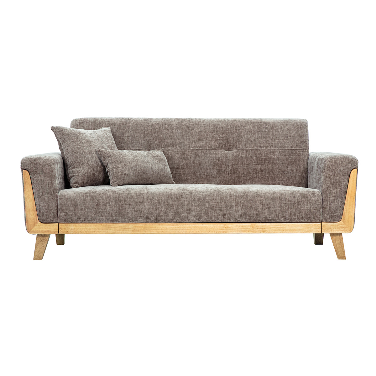 Divano scandinavo a 3 posti in tessuto effetto velluto testurizzato taupe e legno chiaro FJORD