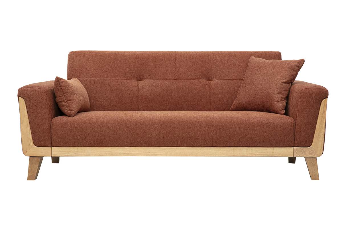 Divano scandinavo a 3 posti in tessuto effetto velluto testurizzato terra bruciata e legno chiaro FJORD