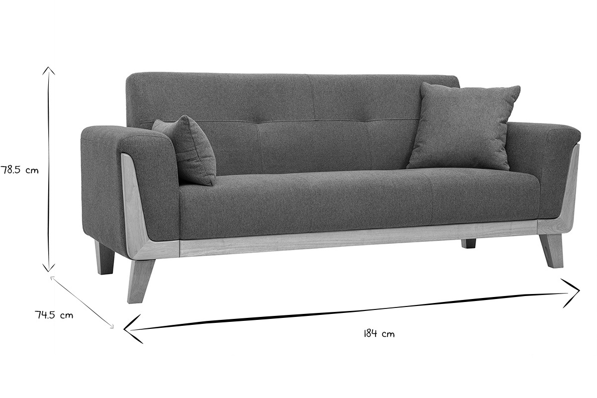 Dimensioni del divano scandinavo a 3 posti: L184 x P74.5 x H78.5 cm in nero e bianco.