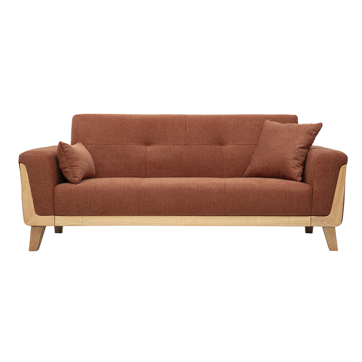 Divano scandinavo a 3 posti in tessuto effetto velluto testurizzato terra bruciata e legno chiaro FJORD