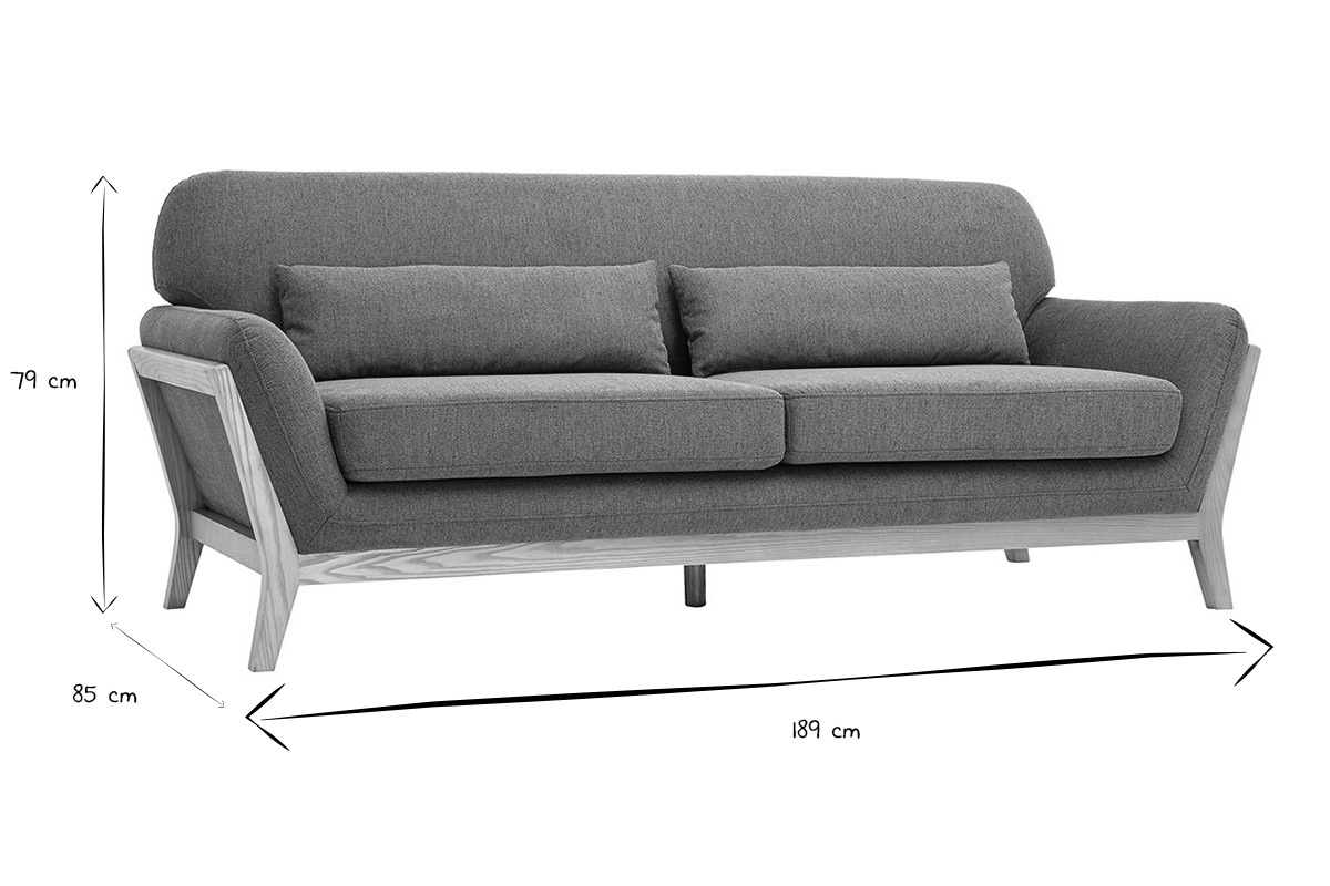 Dimensioni del divano scandinavo a 3 posti: L189 x P85 x H79 cm in nero e bianco.