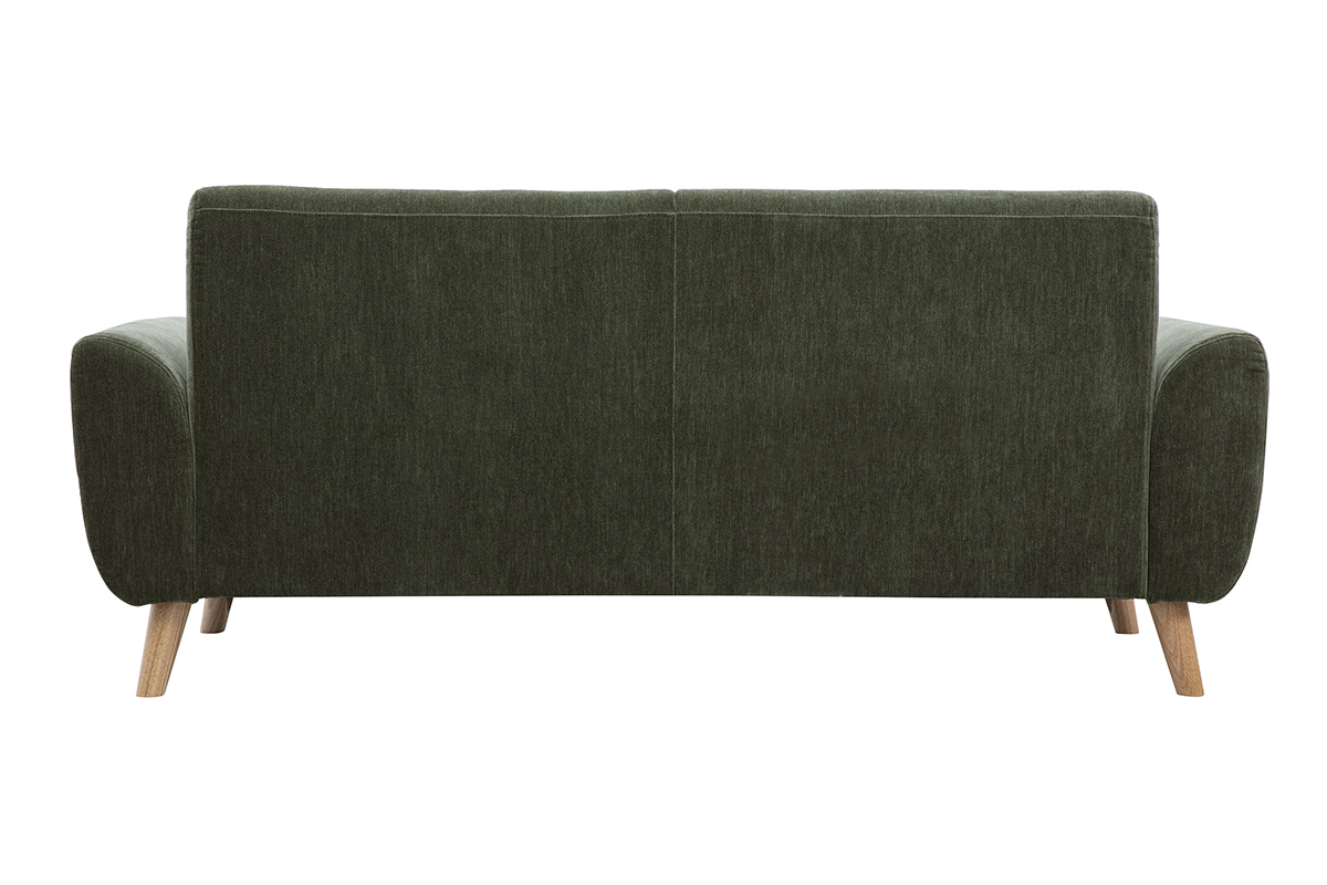 Divano scandinavo a 3 posti, vista posteriore, tessuto effetto velluto testurizzato verde kaki e gambe in legno chiaro.