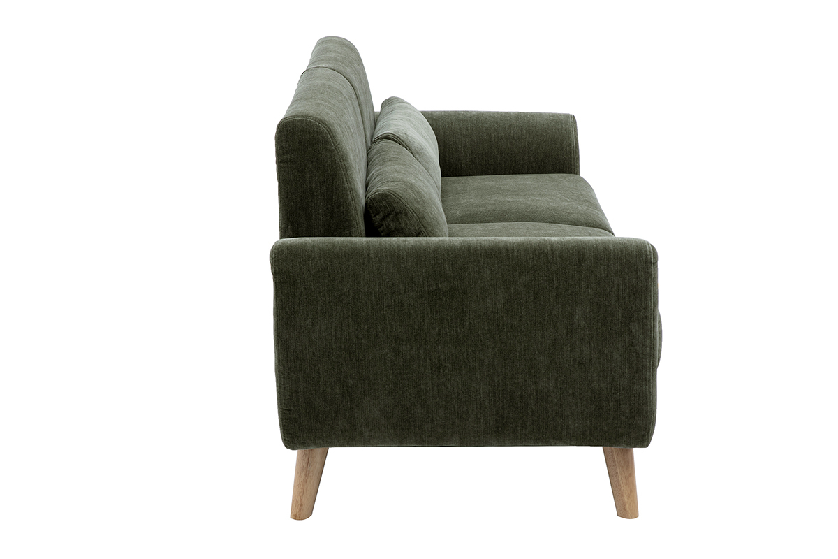 Divano scandinavo a 3 posti in tessuto verde kaki, vista laterale, con base in legno chiaro.