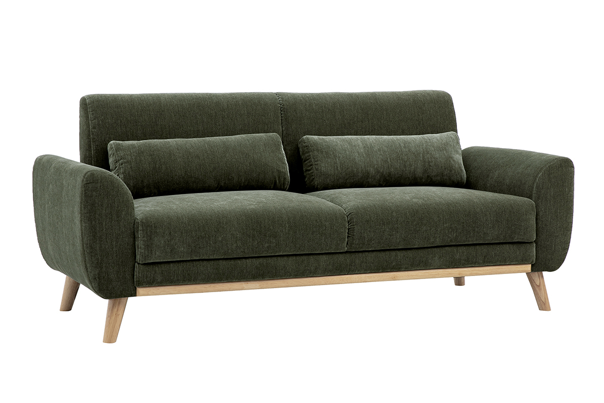 Divano scandinavo a 3 posti in tessuto velluto testurizzato verde kaki con base in legno chiaro, vista a 3/4