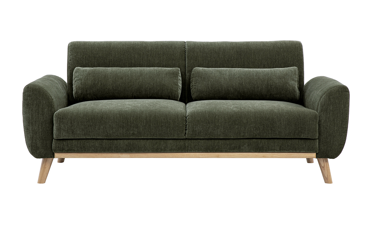 Divano scandinavo a 3 posti in tessuto effetto velluto testurizzato verde kaki, vista frontale, piedi in legno chiaro.