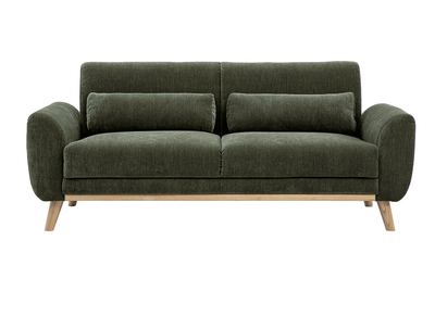 Divano scandinavo a 3 posti in tessuto effetto velluto texturizzato verde kaki e legno chiaro EKTOR