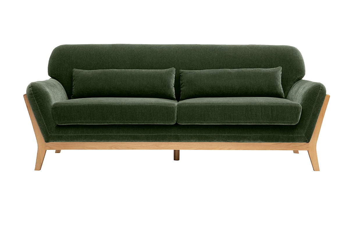 Divano scandinavo a 3 posti in tessuto effetto velluto verde kaki e legno chiaro, vista frontale.