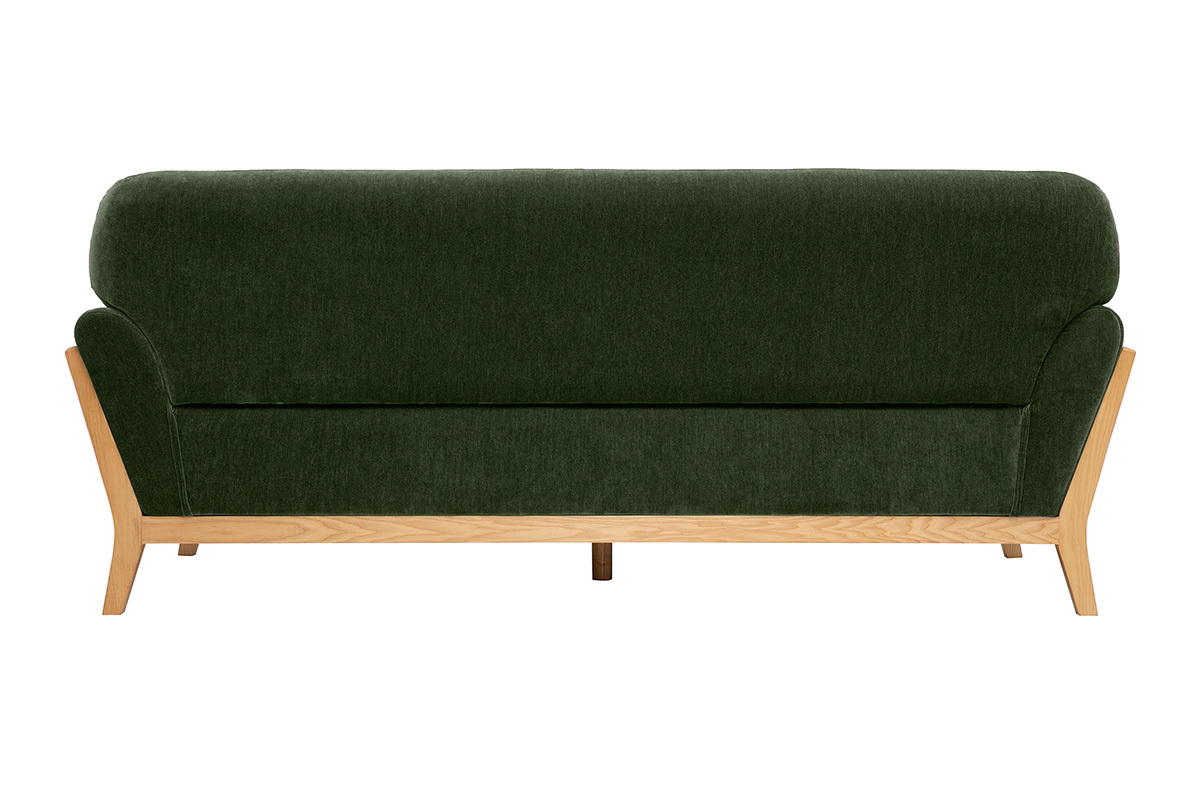 Divano scandinavo a 3 posti in tessuto velluto verde kaki, vista posteriore, con gambe in legno chiaro.