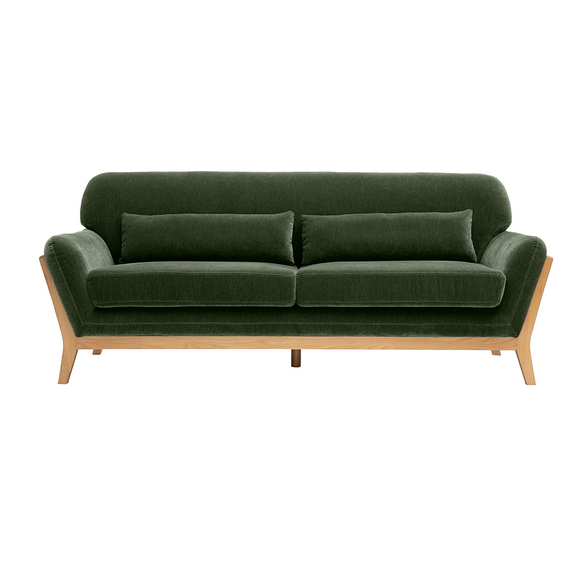 Divano scandinavo a 3 posti in tessuto effetto velluto verde kaki e legno chiaro YOKO