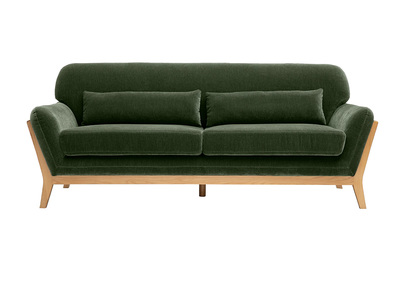 Divano scandinavo a 3 posti in tessuto effetto velluto verde kaki e legno chiaro YOKO
