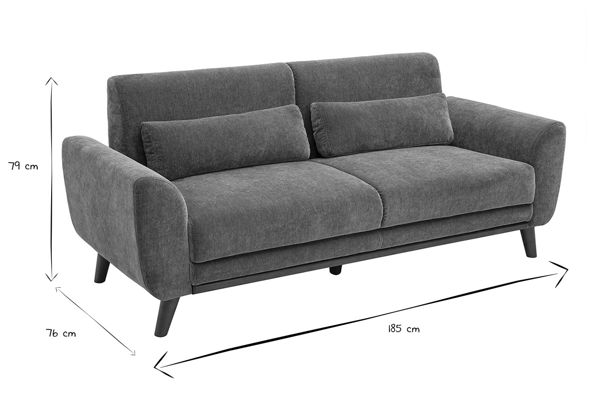 Divano scandinavo a 3 posti EKTOR con dimensioni indicate in bianco e nero: 185 cm, 76 cm, 79 cm.