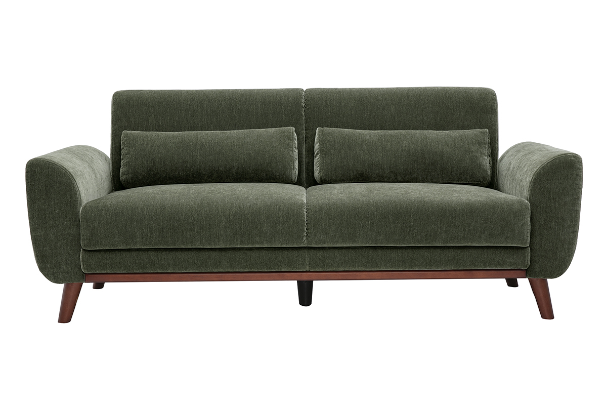 Divano scandinavo a 3 posti in tessuto effetto velluto verde kaki, vista frontale con braccioli arrotondati.